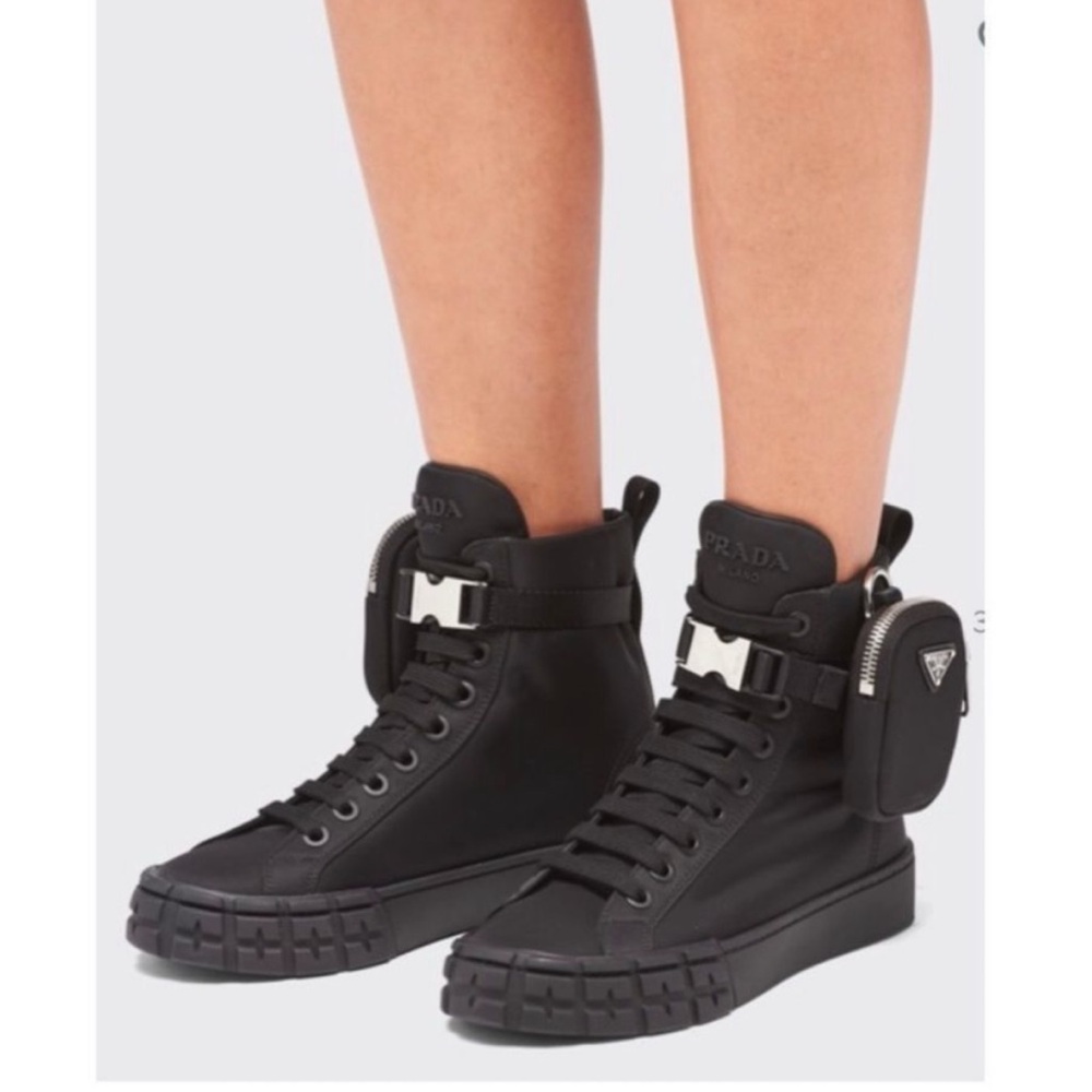 PRADA Wheel Re-Nylon Zip Pouch Black High-Top Sneakers with Mini Side Pouch - Picture 2 of 9